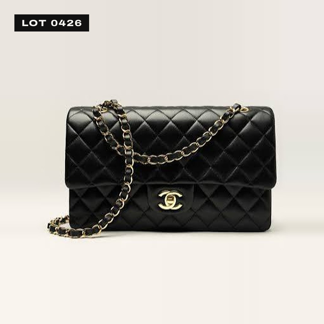 Drawing of a quilted black leather flap bag with a gold chain strap.